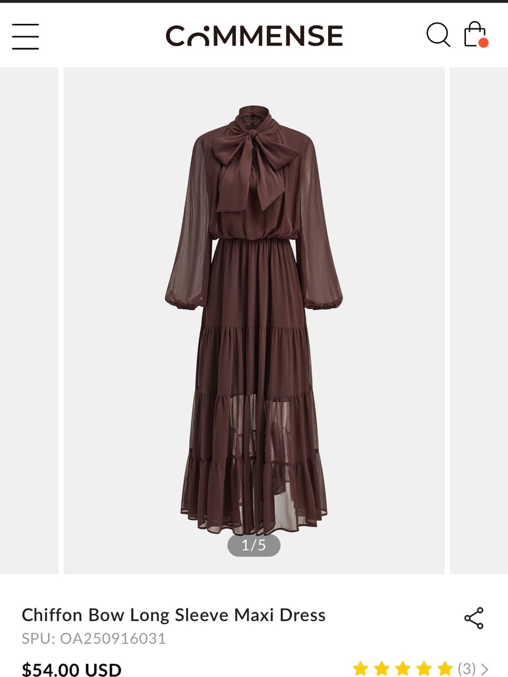 Commense Chocolate Brown Chiffon Bow-Tie Long Sleeve Maxi Dress